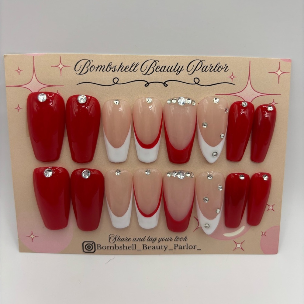 Nail press on nails press ons French tip coffin frenchies red white